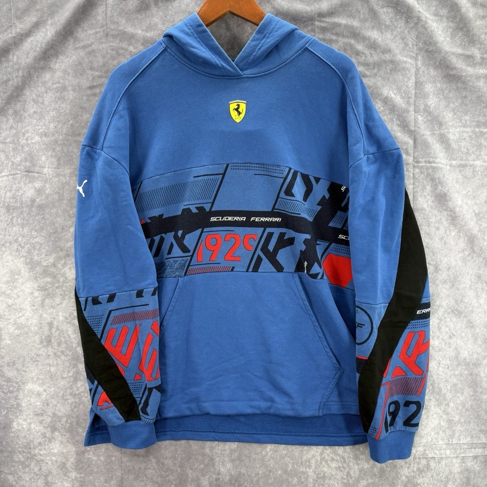 Scuderia Ferrari Hoodie Mens L Blue F1 Racing Pullover Kangaroo Pocket Puma